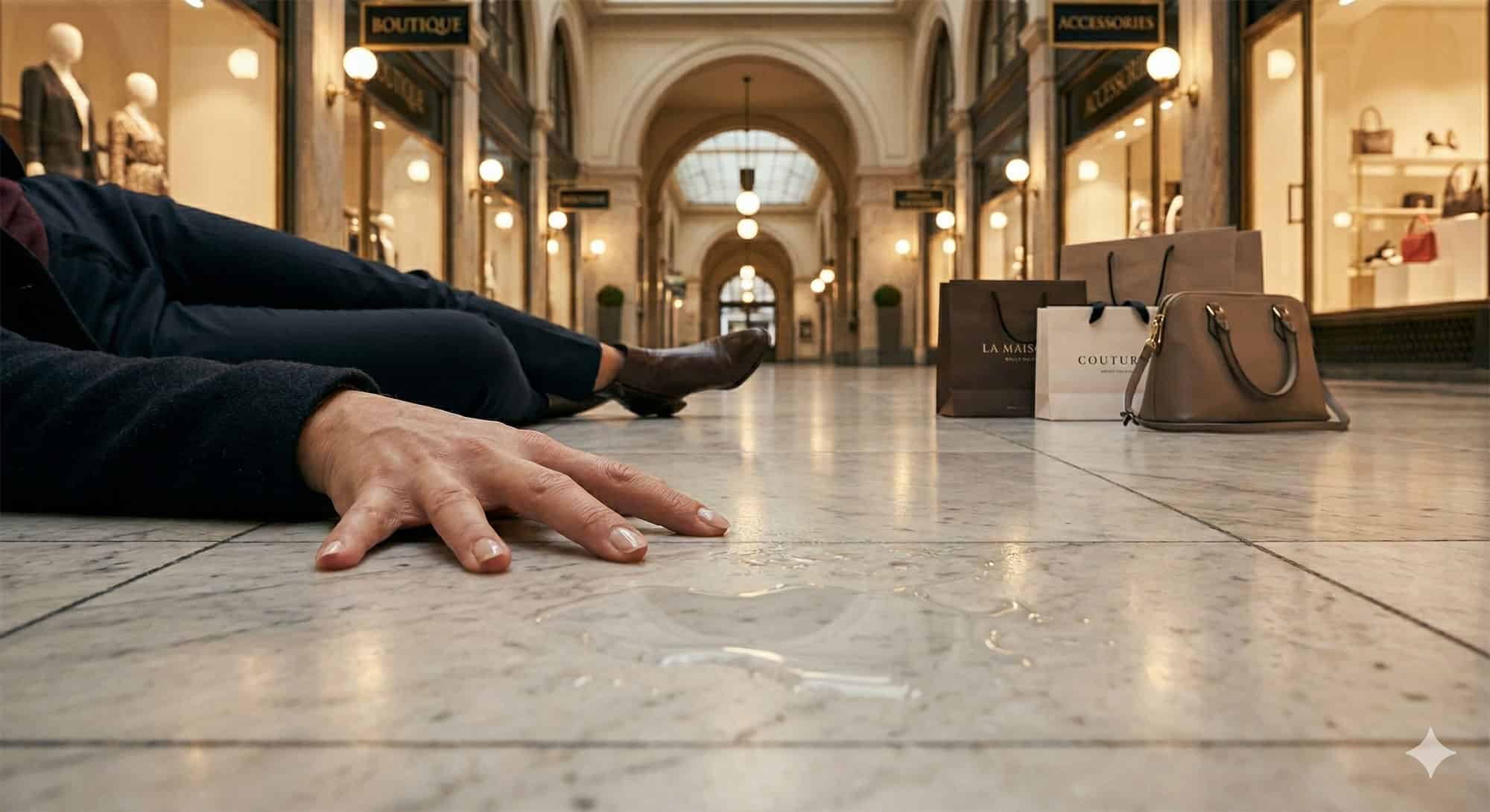 Gemini AI generated image of woman that slipped and fell at the shopping mall